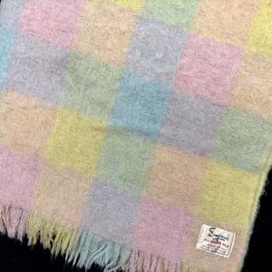 Könnte beinhalten: Eine pastellfarbene karierte Wolldecke mit Fransen. Die Decke ist aus weichem, flauschigem Material und trägt ein Etikett mit der Aufschrift "Superior's All Wool Pile".
