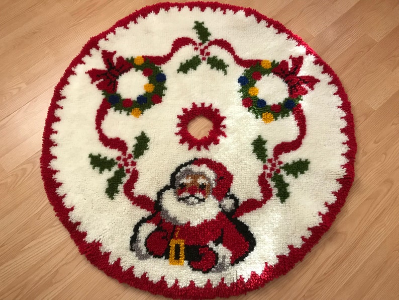 Vintage Latch Hook Christmas Tree Skirt Wreaths and Santa Etsy