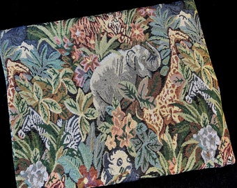 Vintage Jungle Animal Tapestry Upholstery Fabric, Elephant, Giraffe, Zebra, Tiger Decorator Material, 1990's Exotic Wildlife Decor