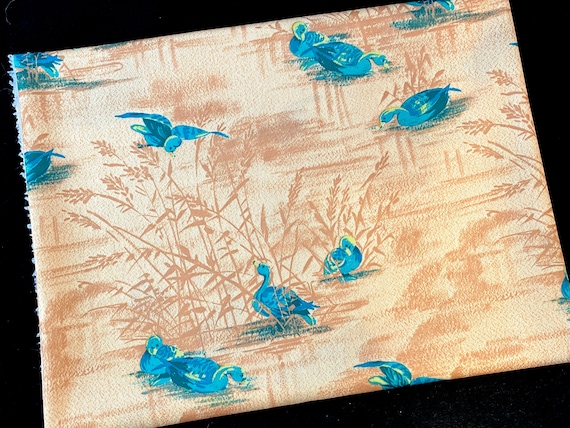 Vintage Duck Fabric, Polyester Knit Material, 1960's 1970's Waterfowl Bird Print, Brown, Green, DIY Sewing Projects