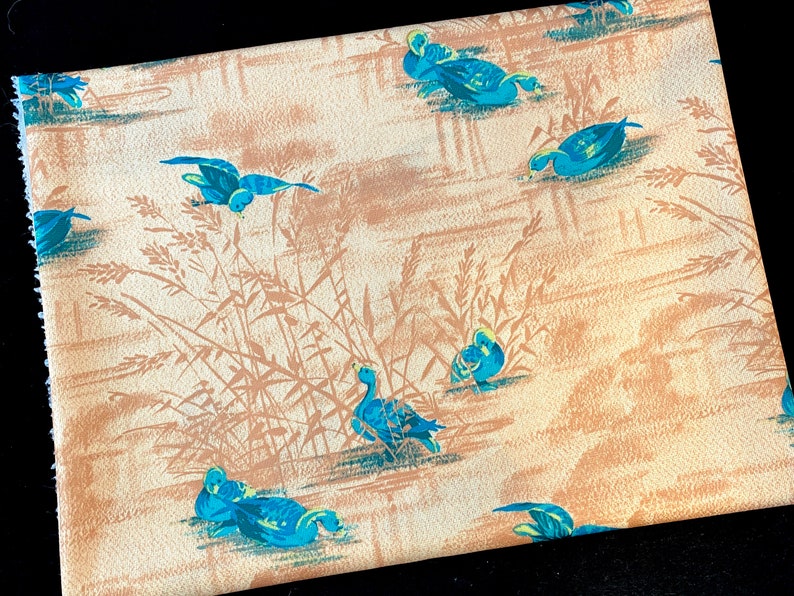 Vintage Duck Fabric, Polyester Knit Material, 1960's 1970's Waterfowl Bird Print, Brown, Green, DIY Sewing Projects image 1