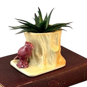 Vintage Planter, Cardinal Bird and Tree Stump, Morton Pottery, Burgundy Tan, Woodland Creature, Ceramic Succulent Dish, 1940&#39;s Nature Decor
