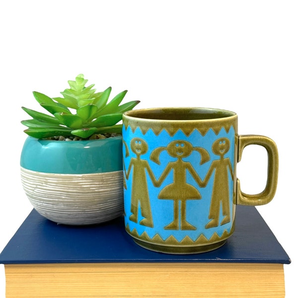 Vintage Hornsea Pottery Children Mug, Boys and Girls Holding Hands, Green Turquoise Ceramic, 70's John Clappison Coffee Cup, Made in England