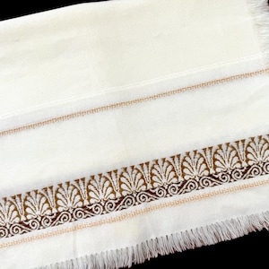 Vintage Woven Tablecloth, Cream White Acrylic, Fringe, Brown Geometric Stripes, 1970&#39;s Boho Table Linen