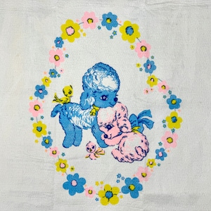 Vintage Lamb Baby Blanket, New Old Stock, White Acrylic, Pink and Blue Lambs, Satin Edge Binding, Esmond