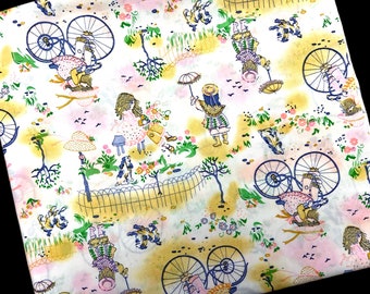 Vintage Little Girls Fabric, Cotton Rayon, Sweet Feminine Print, Bicycles, Parasols, Puppies, Easter Dress Sewing Material