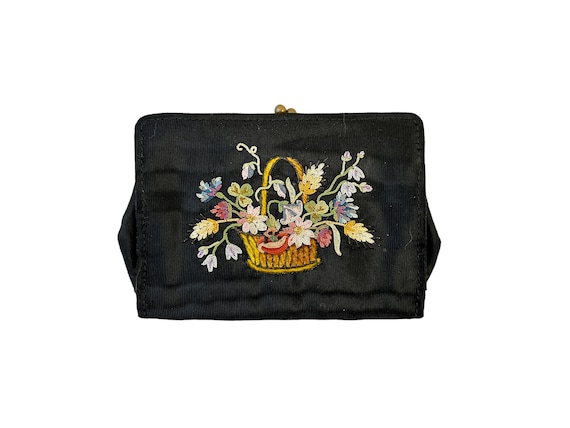 Vintage Satin Change Purse, Floral Embroidery, Fl… - image 1