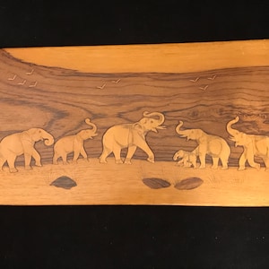 Vintage Elephant Wall Plaque, Inlaid Wood Boho Folk Art Decor, Wildlife Animal, Rustic, Primitive