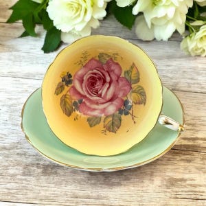 Vintage Paragon Teacup and Saucer, Floating Cabbage Rose, Pink Floral Design, Mint Green Tea Cup, Made in England, 1940&#39;s Double Warrant