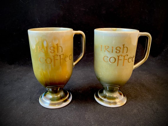 Vintage Irish Coffee Mugs, Wade Pedestal Cups, Set of 2 Drip Glaze