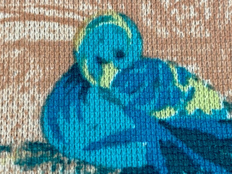 May include: Close-up of a brown fabric with a blue and green bird pattern. The fabric has a knitted texture.