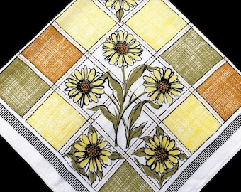 Vintage Sunflower Tablecloth, Floral Print, Yellow Mod Flowers, Small Square Cotton Table Linen