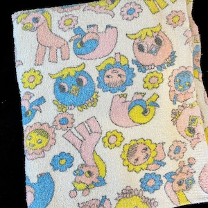 Vintage Baby Kids Towel, Printed Terry Cloth, Pastel Baby Animals, Blanket