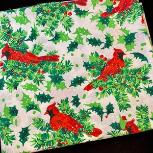 Vintage Fabric, Christmas Cardinals, Red Birds, Pine Boughs, Holly, Holiday Cotton Percale Sewing Crafting Material, Spring Mills