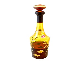 Vintage Decanter, Czech Amber Crystal Glass, Gold Fish Design, Lenko Liqueur Bottle with Stopper