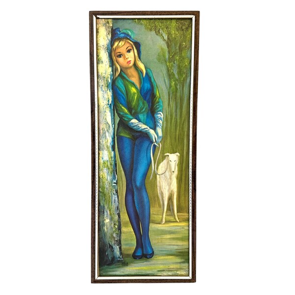 Vintage Jean Maio Harlequin Girl Print, Woman with Borzoi Dog, Big Eye Portrait, Framed Kitschy Mid Century Art, 1960's Wall Decor