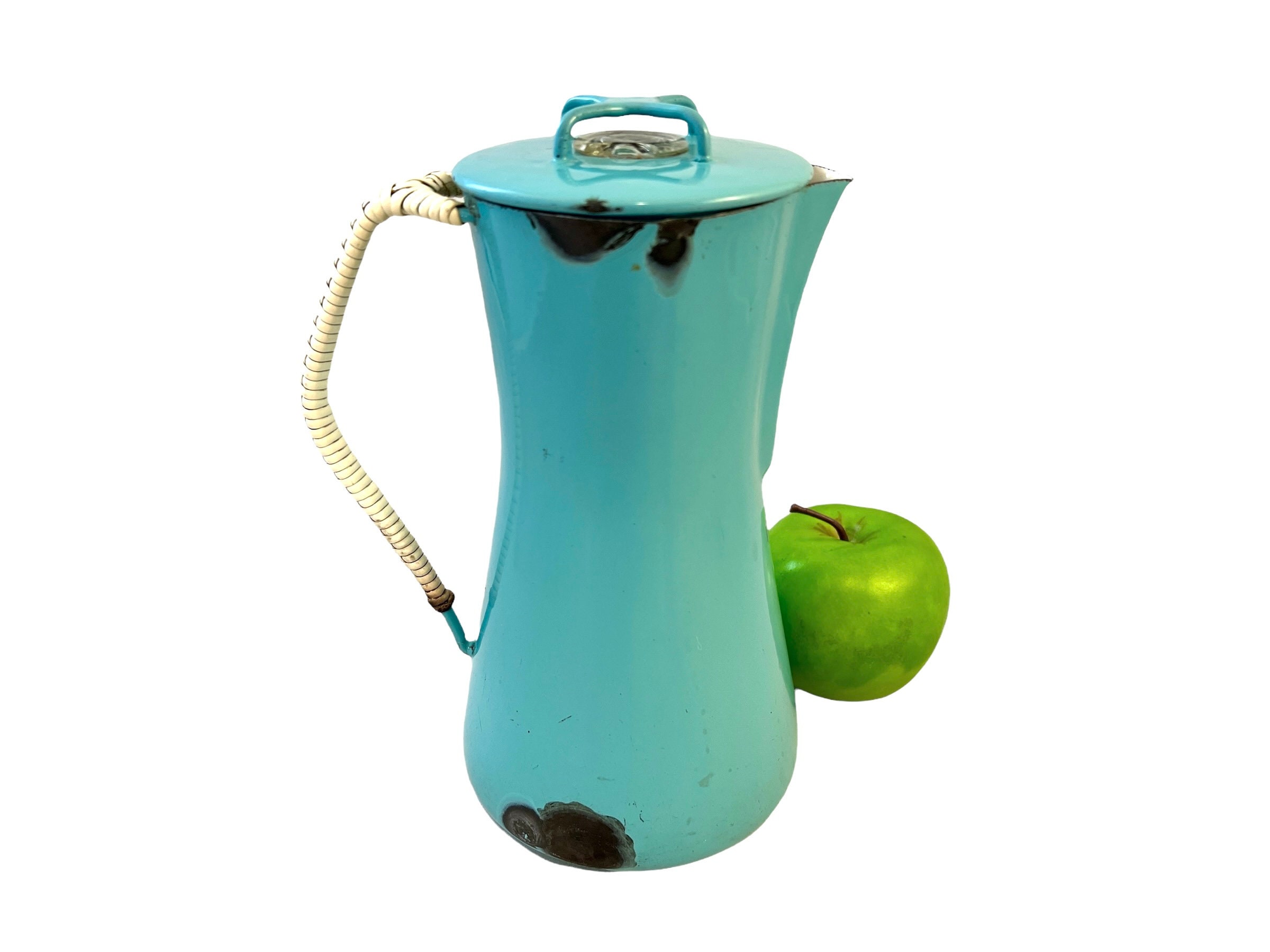 Vintage Dansk Percolator, Turquoise Enamel Kobenstyle, Mid Century Enamelware Coffee Pot, Lid, Braided Handle, Jens Quistgaard, Scandinavian