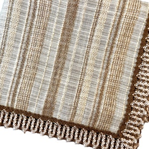 Vintage Tablecloth, Woven Acrylic, Earth Tone Stripes, Trim, German 1970&#39;s Rustic Boho Table Linen, Made in Germany