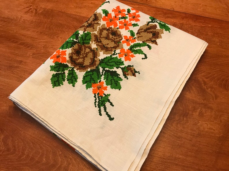 Vintage Tablecloth and Napkins Set Mod Orange Flower Block Etsy