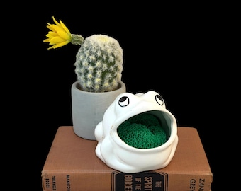 Vintage Frosch Küchenspüle Schwamm Scrubber Halter, weiße Keramik, niedlicher Kitschy Kitchen Scrubbie Caddy