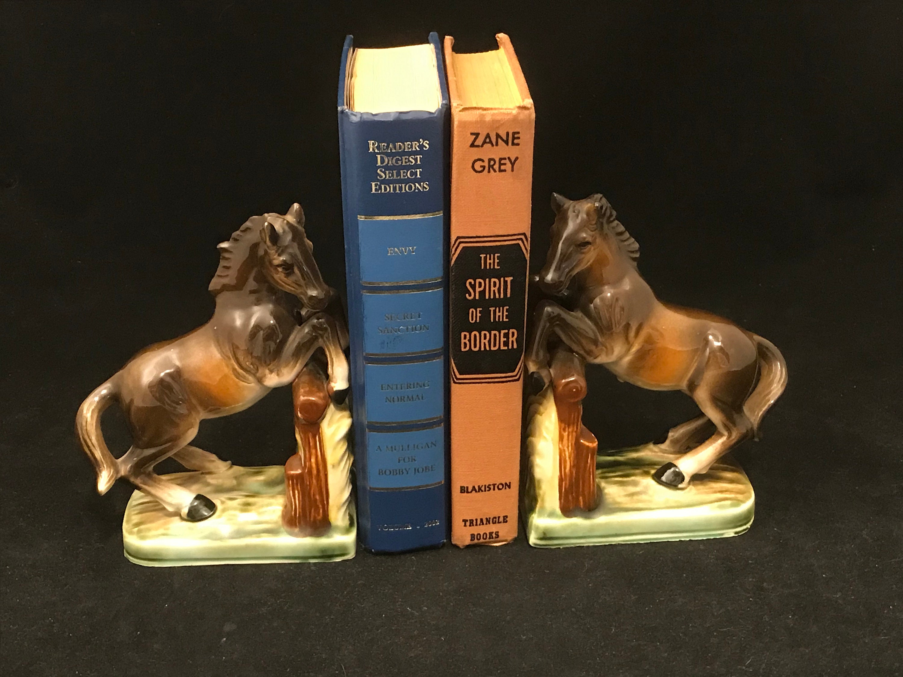 Vintage bookends ceramic horse head brown equine western decor retro