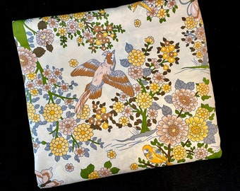 Vintage Faux Silk Blouse Fabric, 1970&#39;s Bird, Butterfly Floral Print Sewing Material, Boho Earth Tones, Smooth Drapey Polyester
