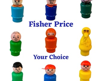 May include: A collection of vintage Fisher-Price Little People figures, including a construction worker, a miner, a vampire, a bald man, a ninja, Big Bird, a boy with a baseball cap, and a boy with a red hat.  The figures are all in various colors and have different facial expressions.