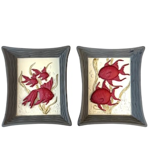 Vintage Chalkware Fish Wall Hangings, Pair of Mid Century Dimensional Plaster Plaques, 1960&#39;s Kitschy Bathroom Decor