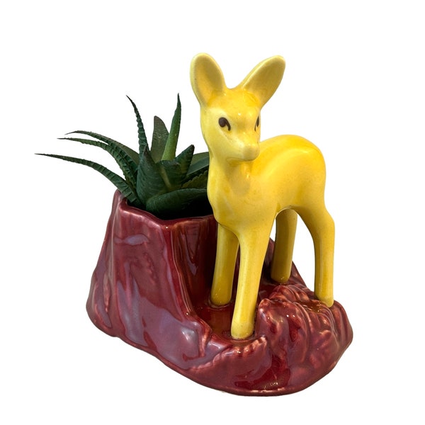 Vintage Deer Planter, Shawnee Pottery, Burgundy Red and Yellow, Woodland Creature,  Ceramic Fawn Doe Indoor Planter for Succulents