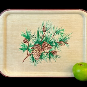 Vintage Metal Tray with Pine Boughs, Pinecones, Faux Woodgrain Finish, Cottage, Lodge, Rustic Mid Century Kitschy Decor