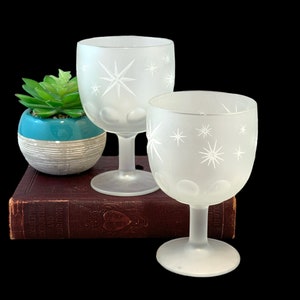 Vintage Starburst Goblets, Pair of Bartlett Collins Satin Glass Thumbprint Celestial Wine Glasses, Frosted Mid Century Modern Atomic Barware