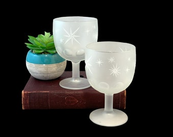Vintage Starburst Becher, Paar Bartlett Collin Satin Glass Fingerabdruck himmlische Weingläser, gefrostete Mid Century Modern Atomic Barware