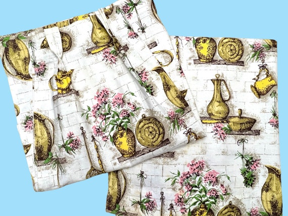 Vintage Kitchen Curtains, Pink Flowers, Vases, Pair of 1970's Curtain Panels, Mid Century Country Decor, Pleated