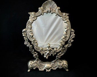 Vintage Stand Mirror, Silver Plate Dresser Vanity Bathroom Decor, Picture Frame, Ornate Repousse Cherub Design