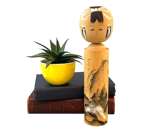 Vintage Japanese Kokeshi Doll, 11" Tall Creative Sosako Style, Cherry Blossoms, Landscape, Natural Wood, Japan Souvenir