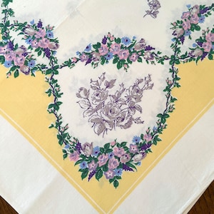 Vintage Tablecloth, Pastel Yellow, Flowers, Woven Floral Print, Rectangular Cotton Table Linen, Delicate Feminine Decor