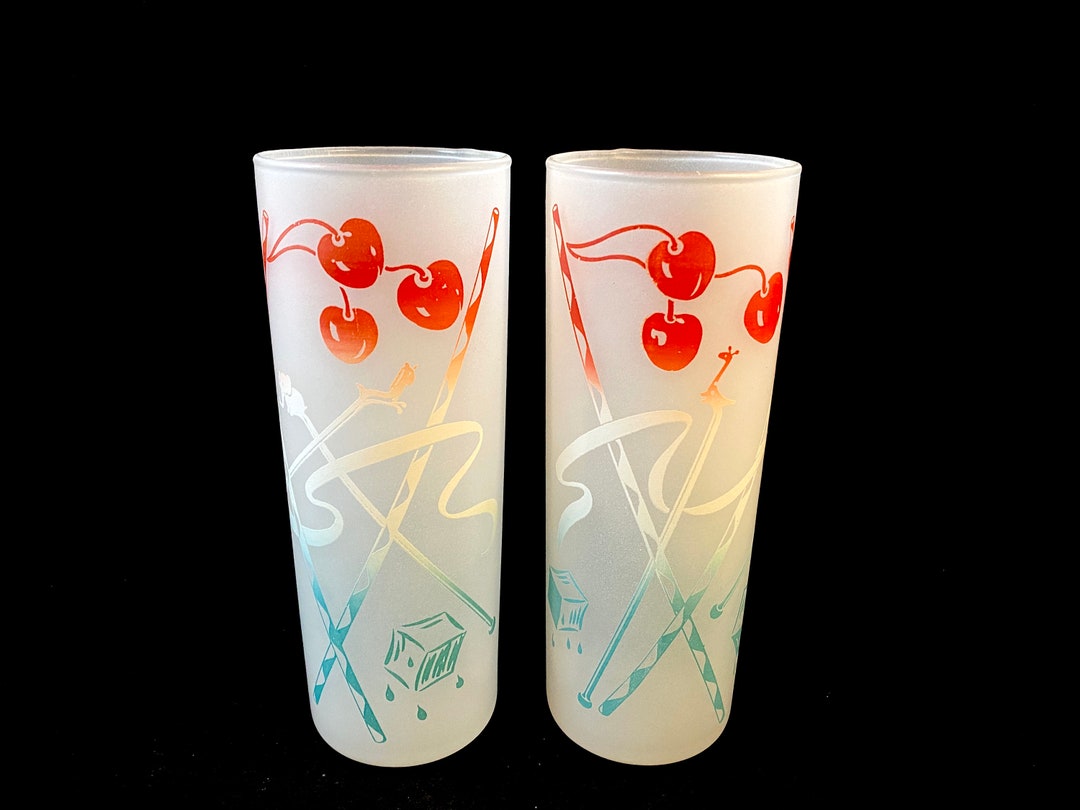 Vintage Tom Collins Cocktail Glasses Pair of Frosted Red Etsy