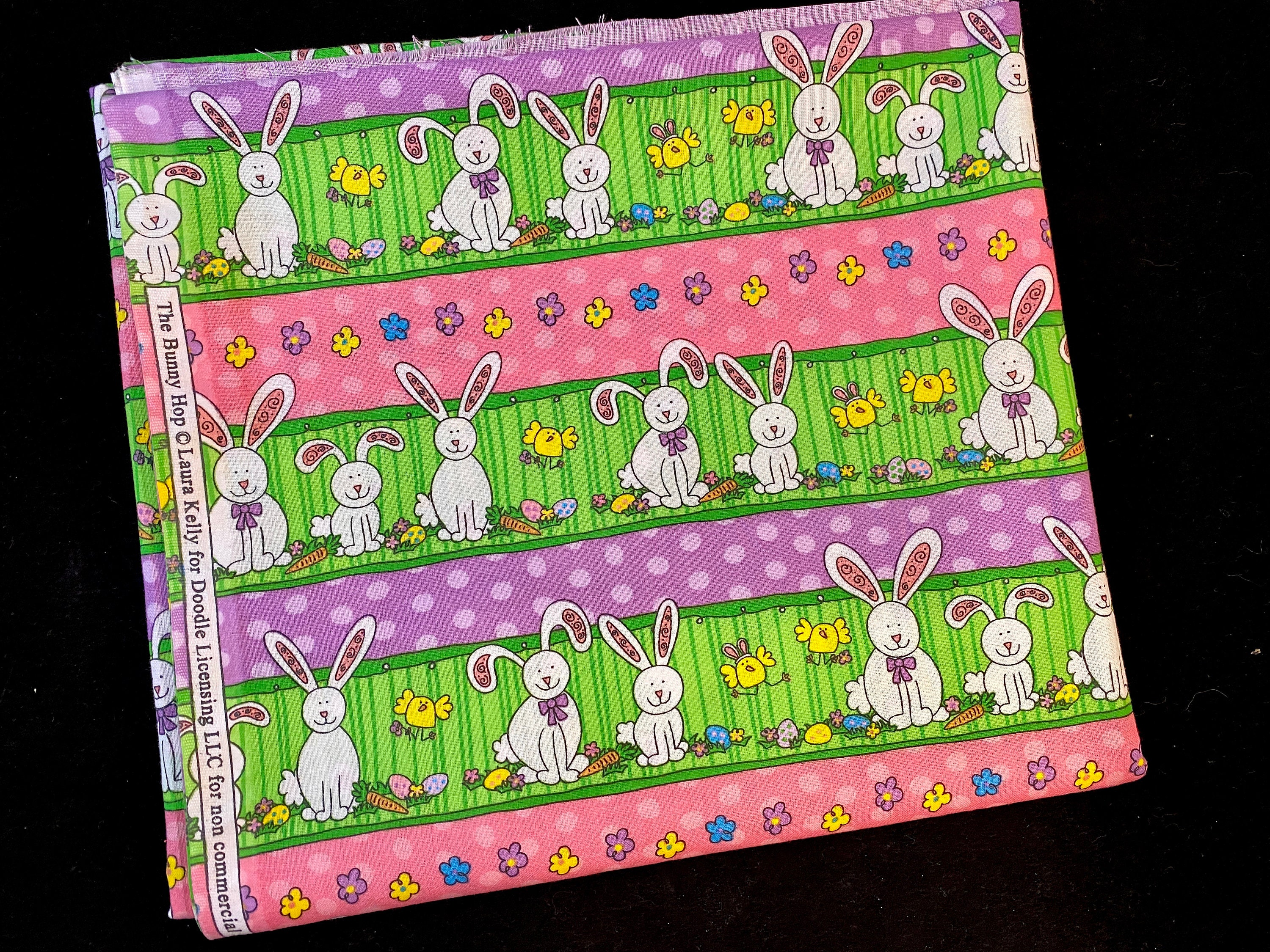 Easter Fabric, Bunny Rabbits, Cartoon Bunnies, Spring Pastel Stripe Print, Cotton Poplin Sewing Quilting Craft Material, Laura Kelly