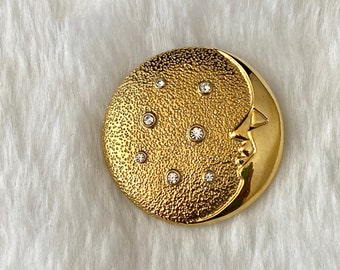 Vintage Celestial Brooch, Crescent Moon and Stars, Gold Tone Pin, Rhinestones, 1980's Statement Jewelry