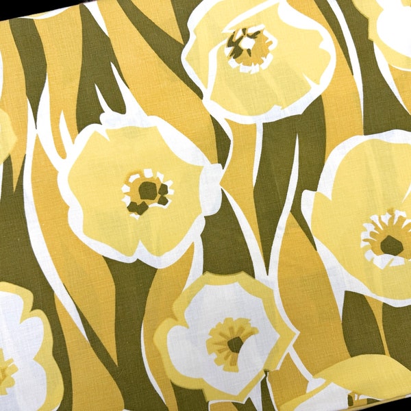Vintage Bed Sheet, Meadowdusk Queen Flat, Yellow Gold Mod Floral Print, 1970s Flower Power Bedding, Texmade Truprest