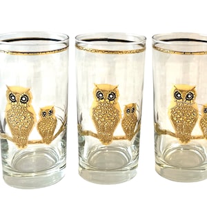 Vintage Culver Owl Glasses, Set of 3 22K Gold Highball Glassware, Mid Century Barware