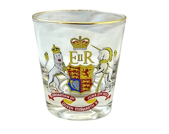 Vintage Queen Elizabeth II Coronation Glass, Lowball Whiskey, Commemorative British Royalty Glassware, Monarchy Barware