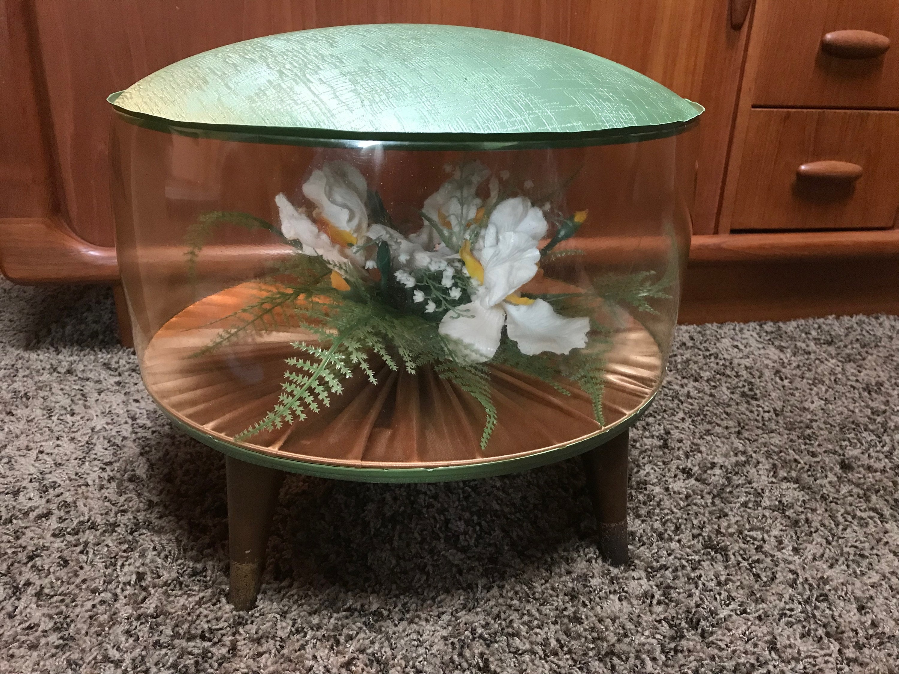 Vintage Inflatable Terrarium Ottoman Kitschy Orchid Flower Footstool with Mid Century Modern Cone Legs and Green Vinyl Top