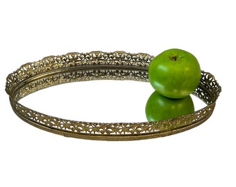 Vintage Mirror Tray, Oval Mirrored Dresser Vanity Perfume Display, Mid Century Hollywood Regency Gold Ormolu Border, Grandma Style