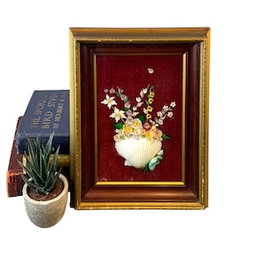 Art vintage de coquillages, coquillages encadrés dans une boîte d&#39;ombre, fleurs de coquillages sur velours rouge, décor de plage des années 40 et 50