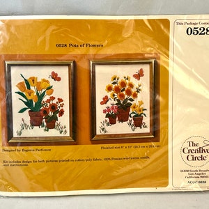 Vintage Crewel Kit, Pots of Flowers, Floral Bouquet Embroidery, Creative Circle, 1970's Craft, Two Flower Pictures
