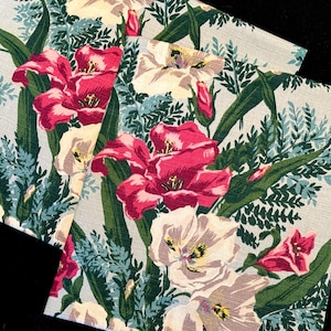 Vintage Barkcloth Panels, Two Curtains, Decorator Fabric For Pillows, Large Floral Print, Jewel Tone Flowers, Mid Century 1950&#39;s Material