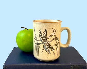 Vintage Dragonfly Coffee Mug, Ceramic Stoneware Cup, 1970's Boho Decor, Earth Tones, Festival Korea