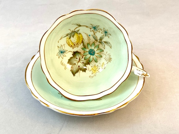 Plate Set Vintage England Double Warrant Mint Green And Gold Paragon Saucer