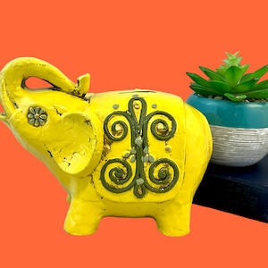 Vintage Elephant Coin Bank, Fitz and Floyd Paper Mache, Kitschy 1970&#39;s Hippie Decor